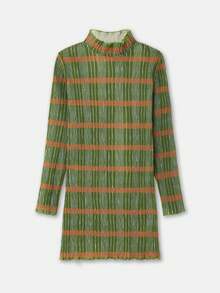 SHEIN Unity Vestido mini de manga larga y cuello alto con rayas naranjas y caqui, estilo vintage de primavera y verano, estilo francés y parisino - Multicolor - Ver 1