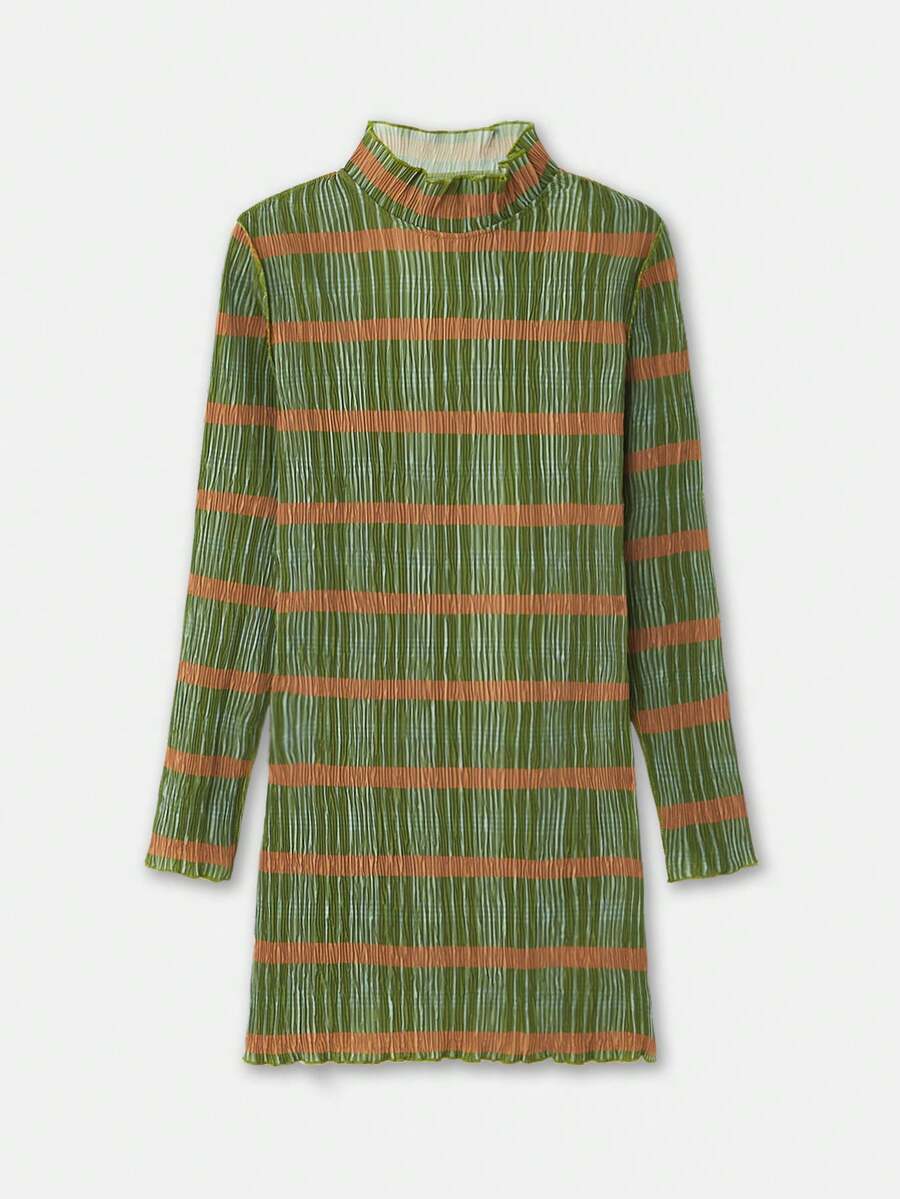 SHEIN Unity Vestido mini de manga larga y cuello alto con rayas naranjas y caqui, estilo vintage de primavera y verano, estilo francés y parisino - Multicolor - Ver 1