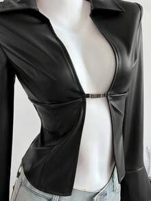 Elamini Women's New Sexy V-Neck Long Sleeve Blouse, Metal Hook Closure And Ruffle Sleeve Design. Striped Print Ruffle Sleeve Shirt, Long Sleeve Top - Black - View 4