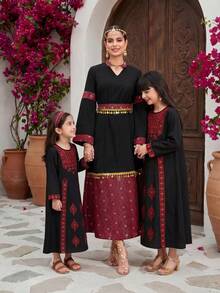 Al Najma Solid Color Patchwork Geometric Print Waist Cinched Dress With Belt - Multicolor - View 2