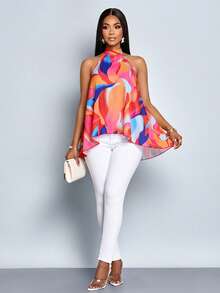 SOLERSUN Women's Vibrant Abstract Print Backless Sleeveless High-Low Hem Casual Loose Flowy Top - Red - View 5