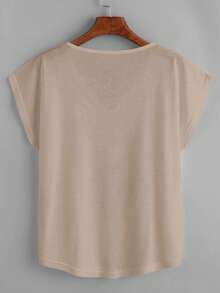 EMERY ROSE Women's Solid Color V-Neck Casual Loose Fit Short Sleeve T-Shirt - Khaki - View 2