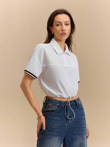 Hanevo Women's Fashion Drawstring Hem Zipper Lapel Short Sleeve Hoodie,Spring/Summer,Casual,Go Out - White - View 4