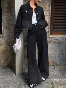 DAZY 女士休闲水洗口袋夹克和牛仔裤套装，秋季 - 深色水洗藍 - 查看 6