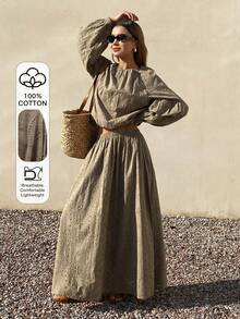 Livesso 女士宽松休闲度假风时尚纹理几何镂空套头衫和直筒裙两件套，春夏款 - 駝色 - 查看 1