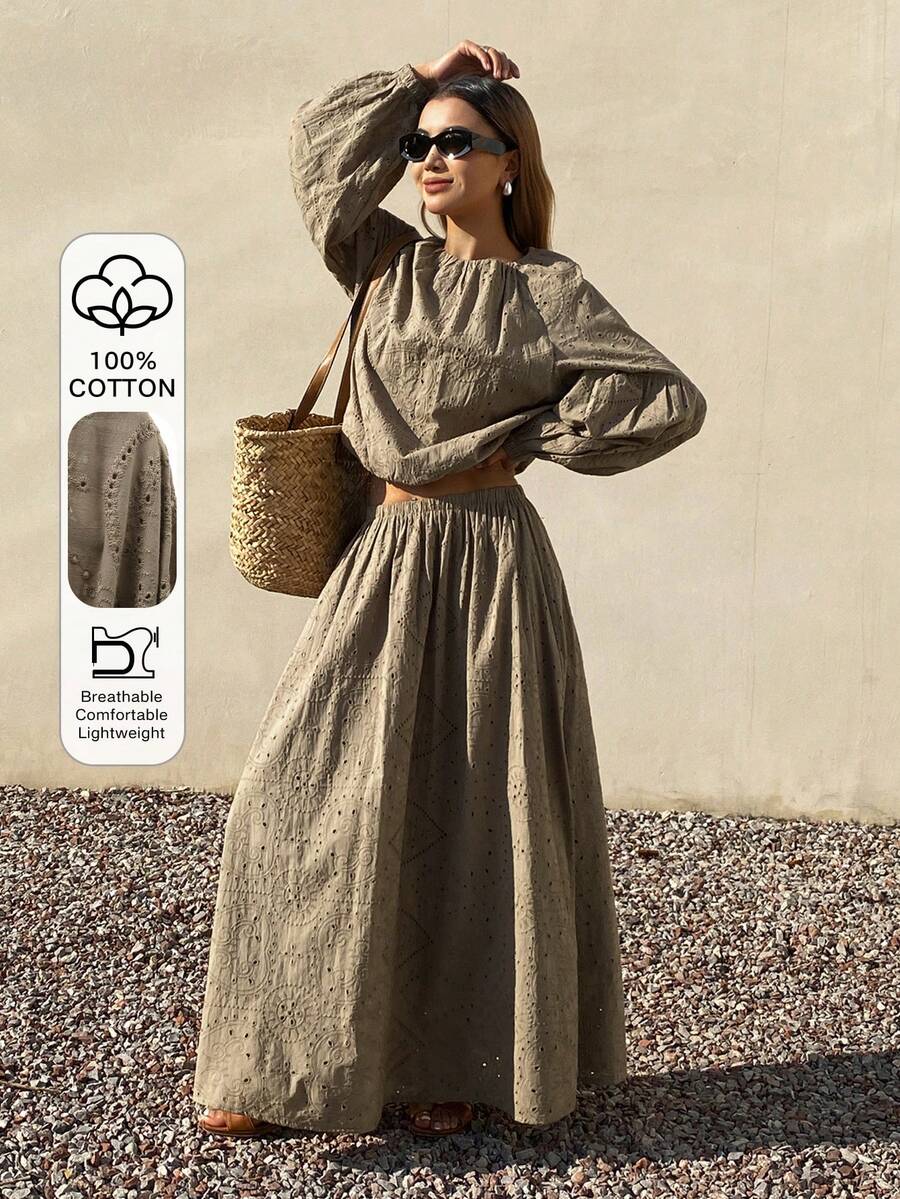 Livesso 女士宽松休闲度假风时尚纹理几何镂空套头衫和直筒裙两件套，春夏款 - 駝色 - 查看 1