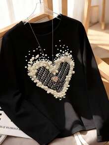 EMERY ROSE 大码女式爱心印花圆领长袖情人节T恤 - 黑色 - 查看 4