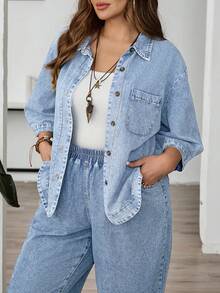EMERY ROSE Áo khoác denim nữ cỡ lớn, kiểu dáng thường ngày, cài khuy đơn, có túi, tay lửng 3/4. - Rửa nhẹ - Xem 9