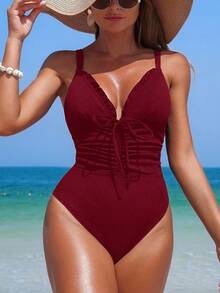 Swim Lushoire 1件装女士纯色荷叶边系带连体泳衣 - 酒紅色 - 查看 4