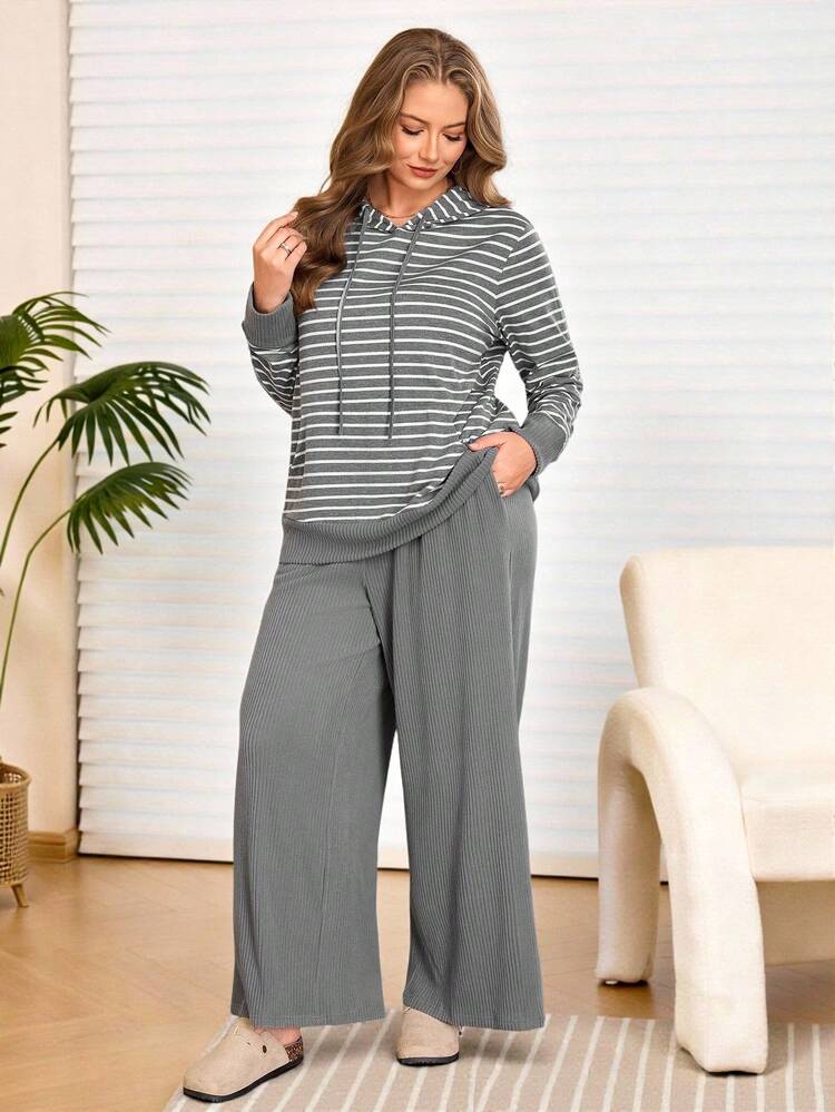 Plus Size Striped Print Hooded Neck Long Sleeve Top And Slant Pocket Long Pants 2 Pieces Set,Vacation/Summer/Spring