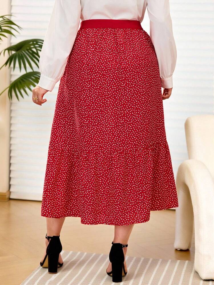 Plus Size Ditsy Floral Red Casual Skirt,Vacation/Summer/Spring