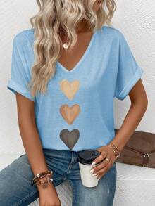 EMERY ROSE Women's V-Neck Flared Cuff, Ombre Heart Print Casual Versatile T-Shirt, Spring/Summer - Baby Blue - View 5