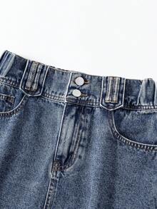 Teen GirlCasual Denim A-Line Skirt, Fashionable Retro Washed Blue Waistband Design - Blue - View 5