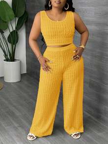 Slaydiva 大码纯白色长款休闲背心和阔腿裤两件套，春夏款 - 鵝黃色 - 查看 3