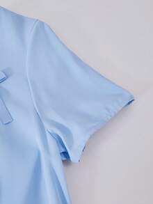 SHEIN Teen Girl Square Neck Regular Shoulder Bow Decor Long Hem Dress, Suitable For Party Or Everyday Wear, Spring/Summer/Autumn - Blue - View 11