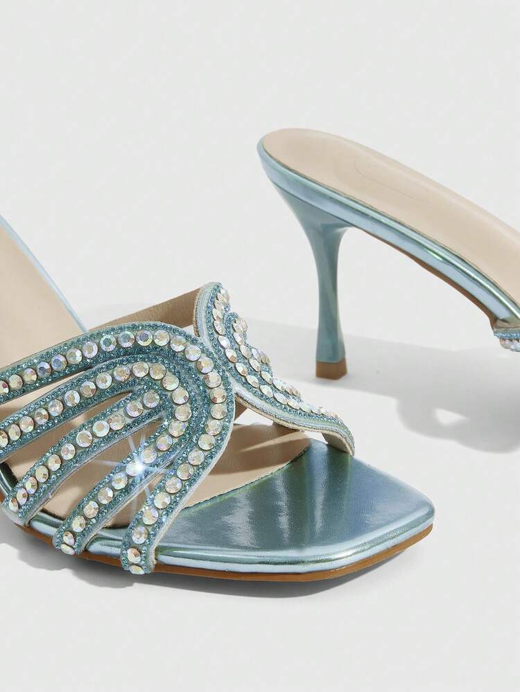 CUCCOO SZL Women's Fashion Square Toe Voltage Upper Rhinestone Decorative Stiletto Party Sandals Prom Heels Summer Shoes