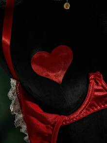 SpicyHot 5pcs Sexy Lace Patchwork Heart Shaped Pasties, Bow Tie Lingerie Set - Red - View 8