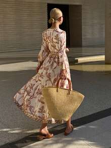 Bohemian Style Floral Print Long Flowy Dress For Women, Spring/Summer Sundress Boho - Apricot - View 2