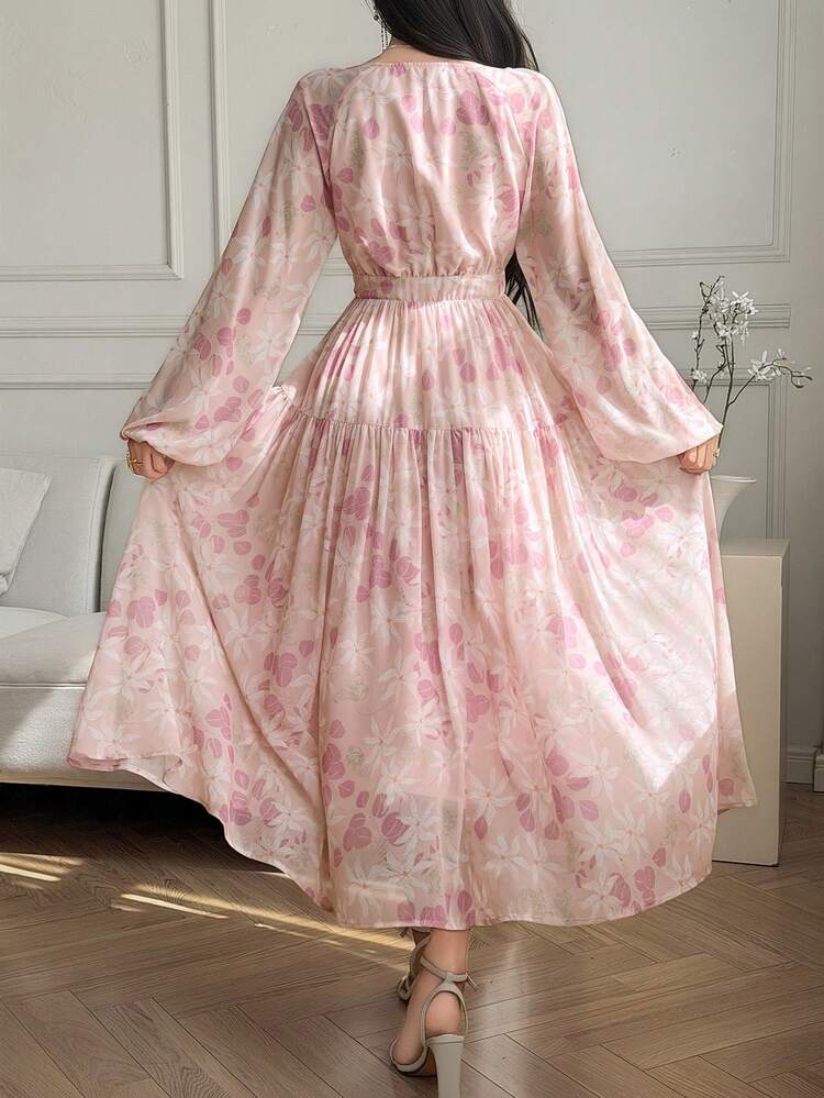 French Ditsy Floral Long Sleeve Chiffon Dress, High-End Elegant Long Dress For Women Sundress