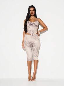 KIZN Animal Print Cowl Neck Overlay Corset Tank Top Structured Cami With Draped Neckline Fall Fashion - Khaki - View 4