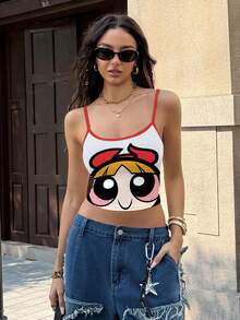 THE POWERPUFF GIRLS X SHEIN Women's Cute Cartoon Graphic Ringer Crop Cami Top, Casual Daily Commute, Summer - White - View 5