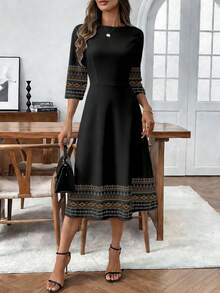 EMERY ROSE 女士休闲西部风格几何印花圆领中长连衣裙，休闲款 - 黑色 - 查看 4