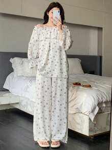 DAZY 浪漫花卉露肩荷叶边女士睡衣套装 - 白色 - 查看 3