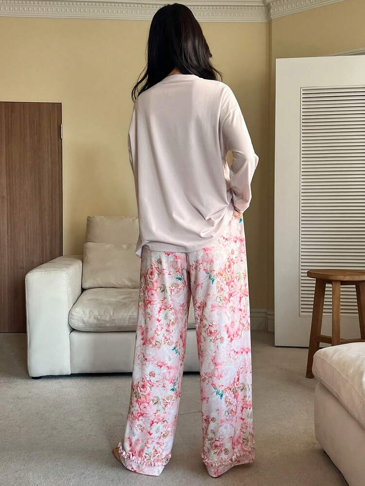 2pcs Women Floral Print Long Sleeve T-Shirt With Bow Design And Straight Leg Pants Pajama Set, Autumn