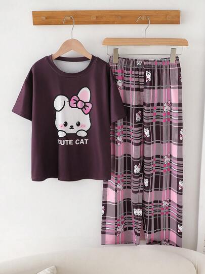 2pcs/Set Tween GirlsCute Rabbit Letter Print Round Neck Loose T-Shirt And Plaid Wide Leg Pants Pajamas Teen Girl Pajama Set Girl Sleep Wear Plaid Pajama Set Girl Pants Sets Pyjama Set For Girls Plaid Pajamas Girls Sleepwear Set Cute Pajamas Cute Cat Pajamas