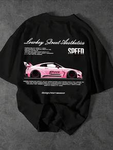 SHEIN Men's Casual Loose Fit Racer Slogan Print Black T-Shirt, Fashionable Street Style For Daily Commute, Summer - Black - View 3