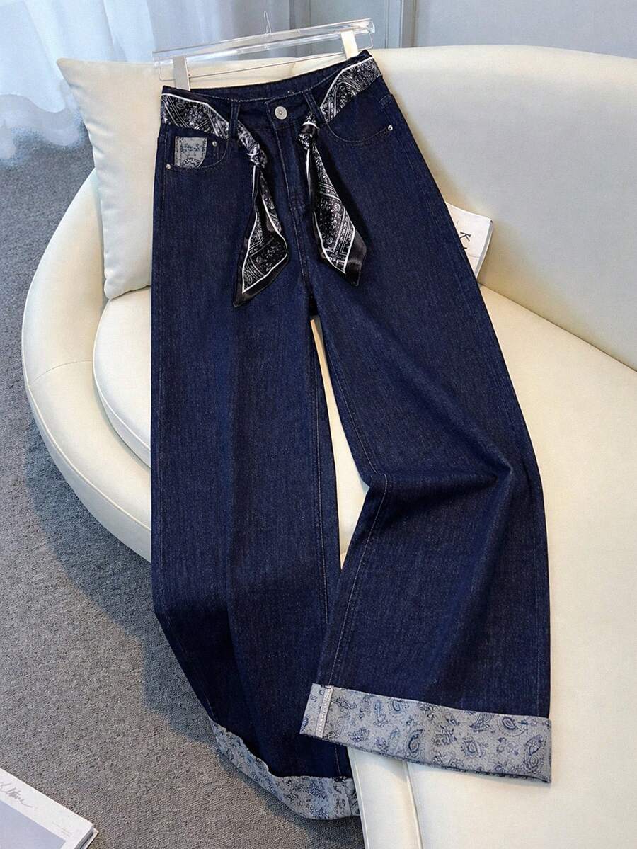 Selenza 女士休闲修身直筒牛仔裤，蕾丝腰带 - 深色水洗藍 - 查看 1