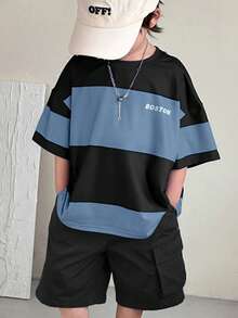 SHEIN 两件套男童时尚休闲百搭舒适套装，拼接撞色圆领T恤搭配宽松工装短裤，适合春夏穿着，日常穿着、运动、郊游、上学、聚会、度假、拍照等场合。 - 霧霾藍 - 查看 1