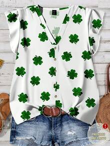 EMERY ROSE Plus Size Women Casual Clover Print Cap Sleeve Shirt, Suitable For Summer V Neck Blouses For Women - Multicolor - View 6