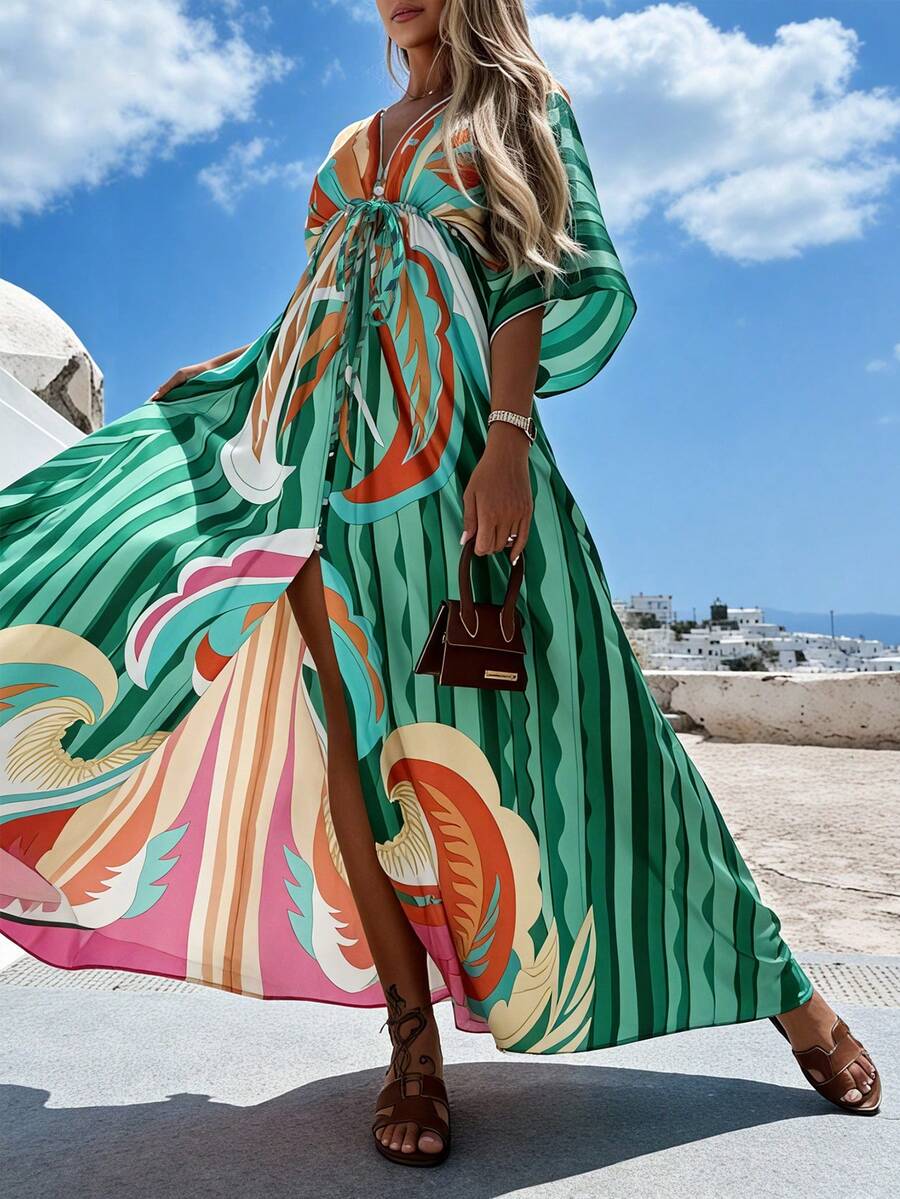 INAWLY Women's Vacation Striped Batwing Sleeve Tie Waist Casual Midi Dress - Green - View 1
