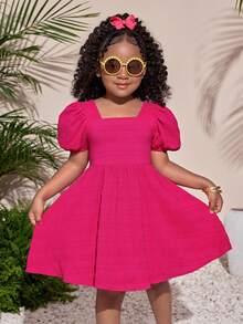 SHEIN 少女休闲度假款紫红色纹理编织面料泡泡袖A字可爱公主裙 - 玫紅色 - 查看 3