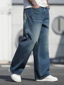 Manfinity LEGND Vintage Distressed Fish Scale Print Carp Pattern Wide Leg Jeans, High Street American Design Men Wide Leg Jean - Dark Wash - View 2