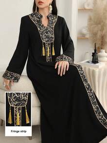 Al Najma Solid Color Patchwork Print With Gold Trim And Pendant Long Cardigan Kaftan Jalabiya Dress - Black - View 2