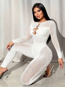 VaVaBold Women's Solid Color Lace Hollow Long Sleeve Slim Fit Sexy Jumpsuit New Years Club Holiday Party Outfits Women - Beige - View 3