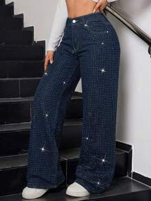SHEIN BAE Jeans de pierna ancha con brillos y adornos de strass de moda para mujer, ideales para fiestas de Año Nuevo y eventos chic de invierno - Azul lavado oscuro - Ver 4