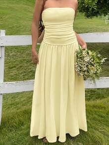 SHEIN Tween Girls Dresses - Strapless Pale Yellow Summer Casual Apricot Long Dress Maxi Dress Summer Yellow Dress Strapless Dress Wedding Guest Dress Ruched Dress Bridesmaid Dress Lemon Dress - Yellow - View 2