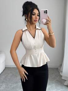 Elenzga Women's Casual Elegant Sleeveless Blouse With Contrast Ruffle Trim, Suitable For Spring/Summer, Commute, Vacation, Afternoon Tea, Valentine's Day Party - Apricot - View 3