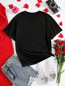 EMERY ROSE 加大码女式上衣 XOXO 心形印花短袖休闲圆领T恤，情人节 - 黑色 - 查看 2