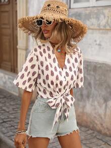 Brillora 女士度假上衣，女士休闲浪漫度假日常穿着印花衬衫，面料柔软舒适，适合春夏穿着，情人节礼物，嘉年华服装，沙滩装 - 彩色 - 查看 3