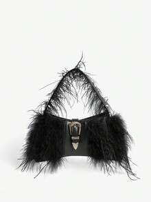 Viva Strut 女士单肩包、流浪包、手提包、仿毛皮、毛绒、皮草、黑色、PU材质、黑色包包、时尚、个性化、简约、百搭、街头风、甜美酷女孩、辣妹、Y2K、复古、铆钉、复古 - 黑色 - 查看 2