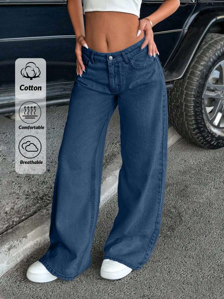 EURMUSE Women's Low Waist Pocketed Wide Leg Loose Casual Versatile Jeans - Medium Wash - View 1