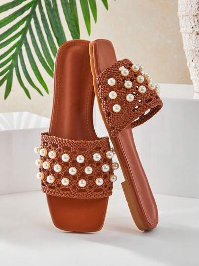 SHUZIA Minimalistiska och bekväma platta sandaler med pärldekor och virkade detaljer för kvinnor