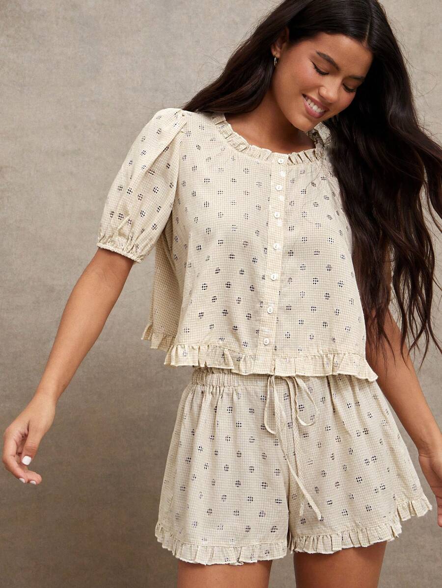 WESTFADE Conjunto a juego de blusa con mangas abullonadas y botones delanteros a cuadros y shorts sueltos con volantes y lazo delantero - Marrón - Ver 1