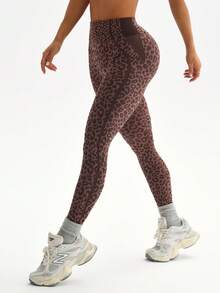 Dewbera 1件装女士无缝性感豹纹侧条纹健身运动跑步瑜伽紧身裤 - 咖啡棕 - 查看 4