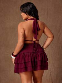 Rustia Bộ đồ 2 mảnh quyến rũ dành cho nữ cỡ lớn, màu đỏ nâu, áo hai dây hở lưng, cổ chữ V gợi cảm, không tay, dáng bất đối xứng, trang trí khóa kim loại, thích hợp cho kỳ nghỉ biển, đi biển, lễ hội âm nhạc, tiệc tùng, lễ hội hóa trang, phong cách đường phố, hộp đêm, hẹn hò, sinh nhật, thanh lịch, đồ cần thiết cho bữa tiệc, phong cách cổ điển, thoải mái thành thị, thời trang đường phố, váy tốt nghiệp bằng satin, thời trang cổ điển, bộ áo hở lưng. - Màu Đỏ Sâu - Xem 2