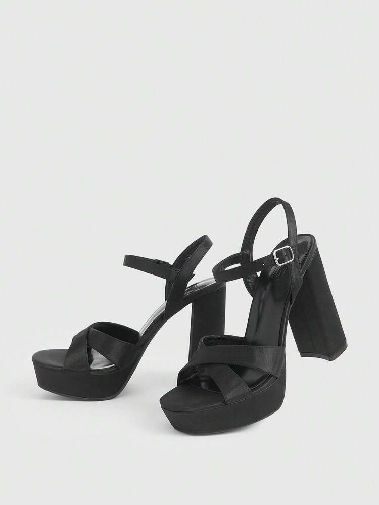 CUCCOO LuxiPop Women's Minimalist Style Solid Color Round Toe Cross Strap Platform High Heels Sandals, Suitable For Parties And Daily Wear, Perfect For Christmas Occasions 2000s Style